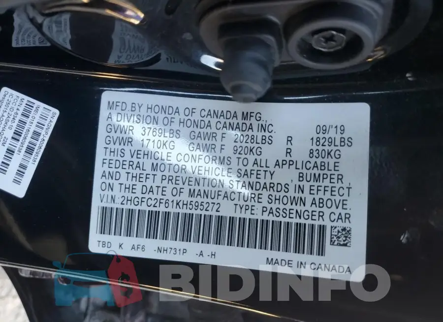 2HGFC2F61KH595272 Photo# 12