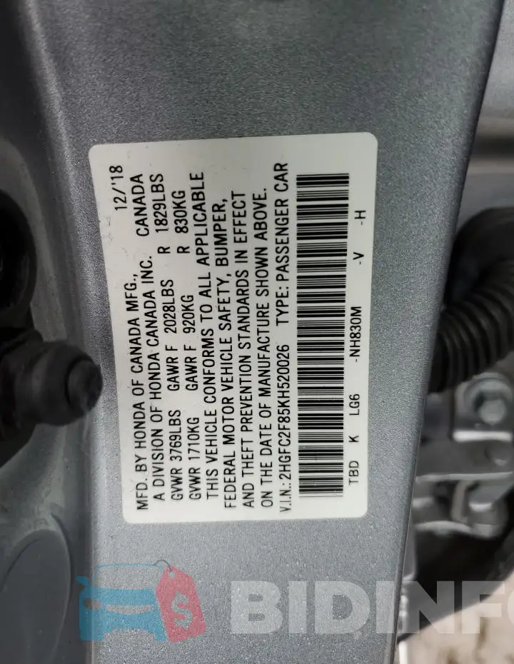 2HGFC2F85KH520026 Photo# 12