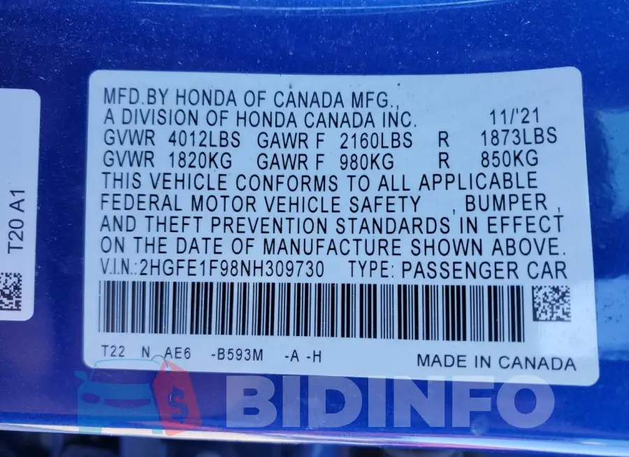 2HGFE1F98NH309730 Photo# 12