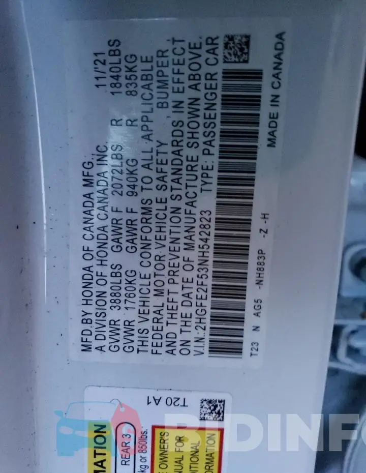 2HGFE2F53NH542823 Photo# 13