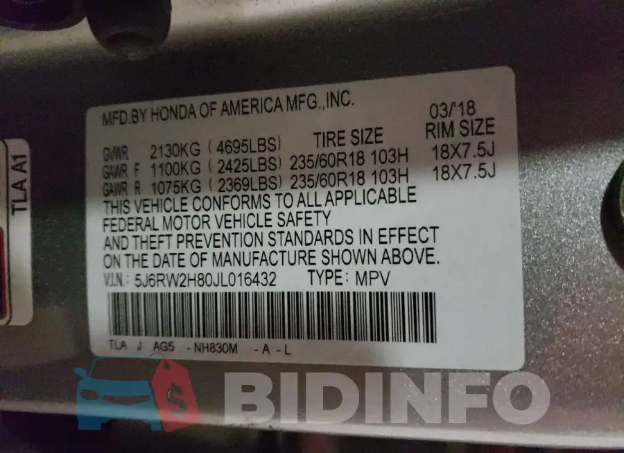 5J6RW2H80JL016432 Photo# 13