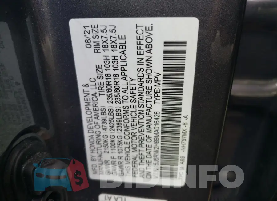 5J6RW2H89MA016428 Photo# 12