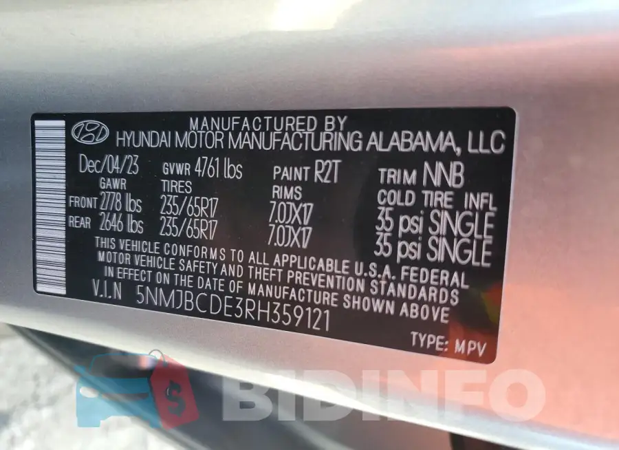 5NMJBCDE3RH359121 Photo# 13