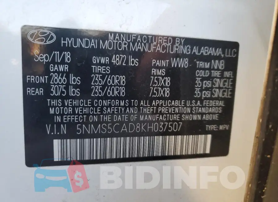 5NMS5CAD8KH037507 Photo# 14