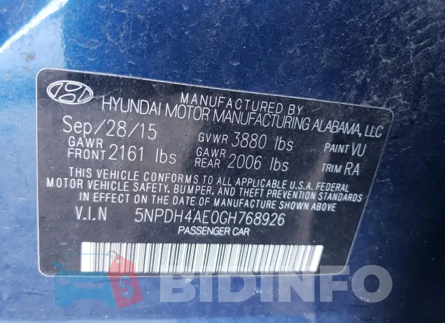 5NPDH4AE0GH768926 Photo# 13