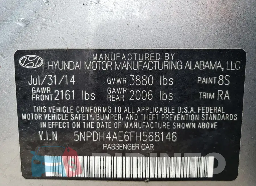 5NPDH4AE6FH568146 Photo# 12