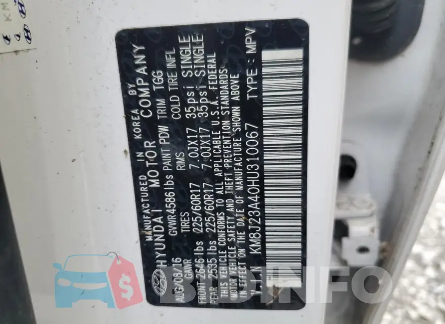 KM8J23A40HU310067 Photo# 12