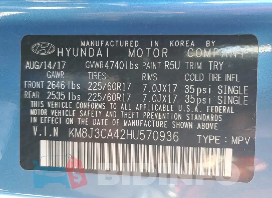 KM8J3CA42HU570936 Photo# 14