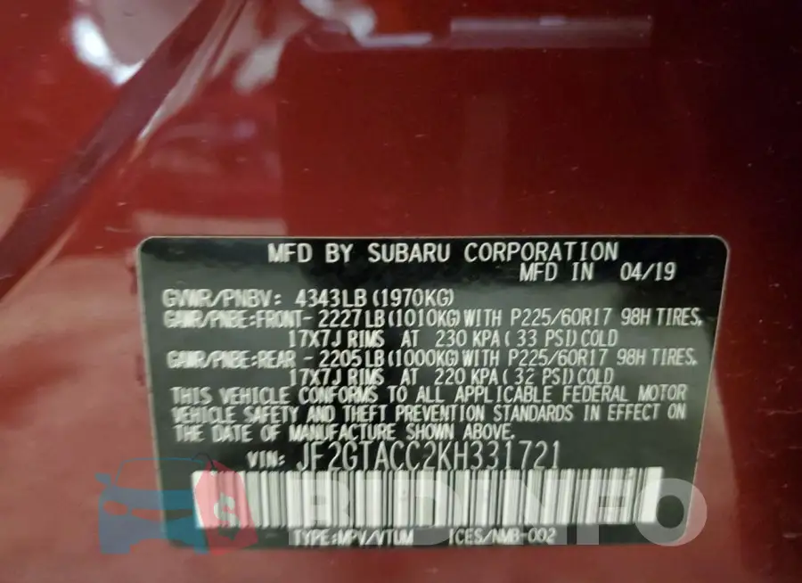 JF2GTACC2KH331721 Photo# 13