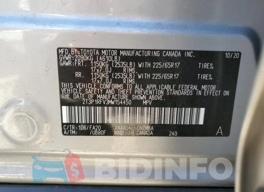 2T3P1RFV3MW154450 Photo# 12