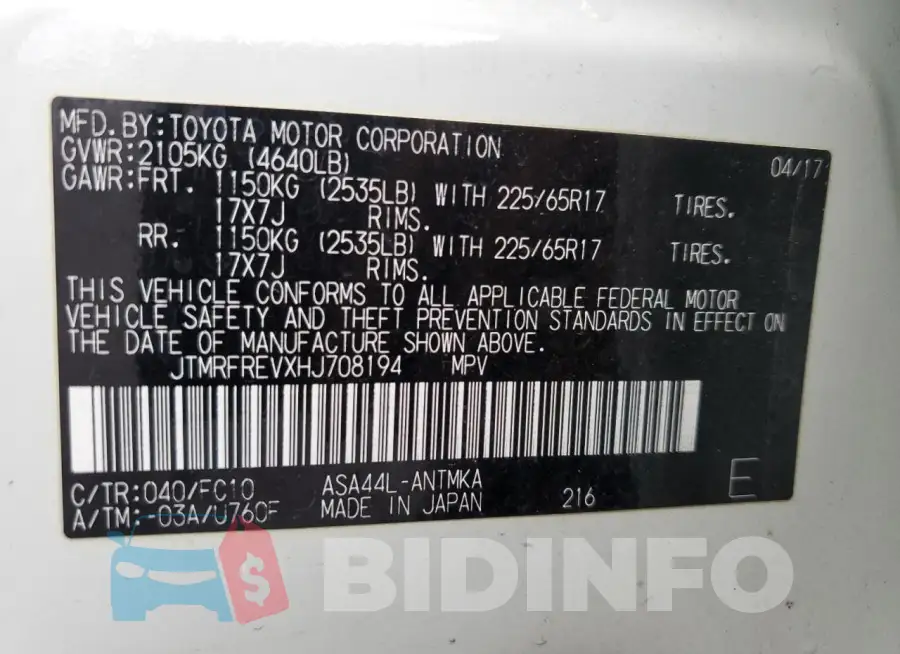 JTMRFREVXHJ708194 Photo# 12