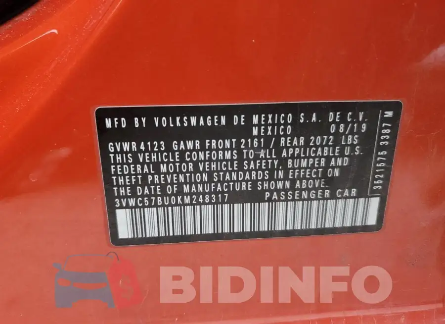 3VWC57BU0KM248317 Photo# 12