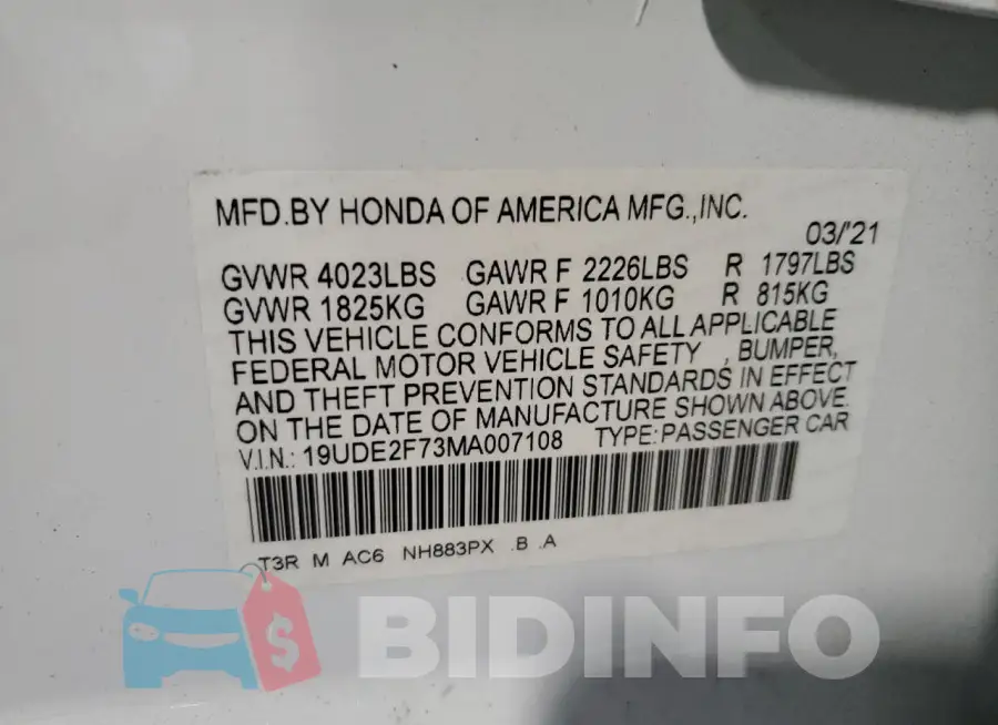 19UDE2F73MA007108 Photo# 12