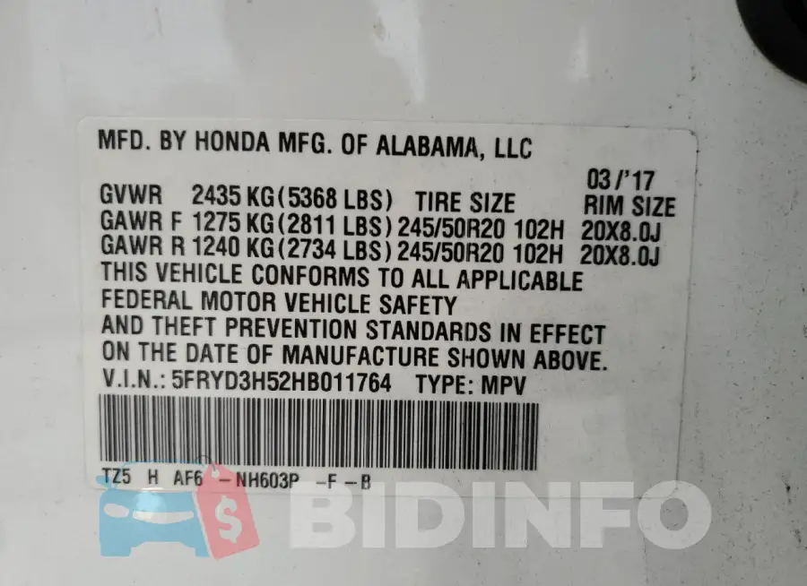 5FRYD3H52HB011764 Photo# 13