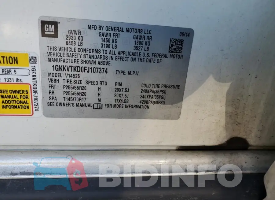 1GKKVTKD0FJ107374 Photo# 12