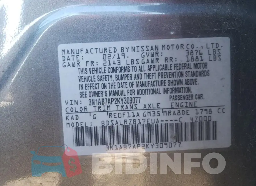 3N1AB7AP2KY309077 Photo# 12