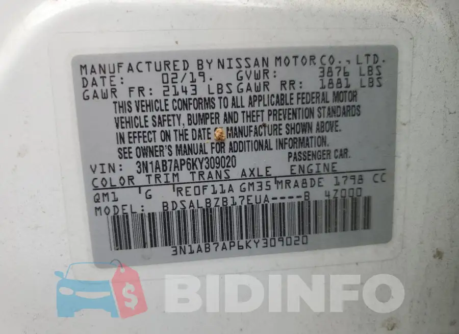 3N1AB7AP6KY309020 Photo# 12