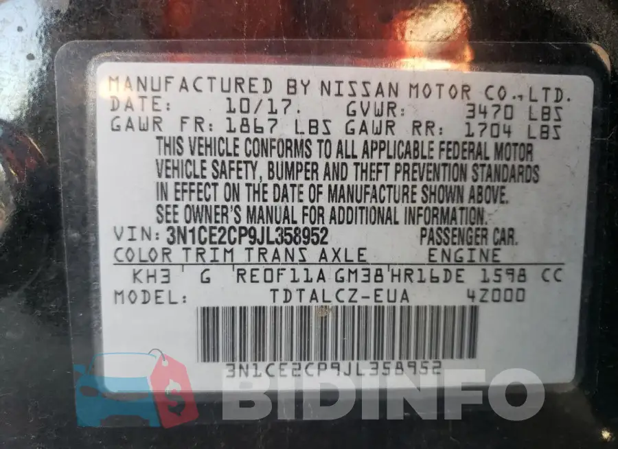 3N1CE2CP9JL358952 Photo# 12