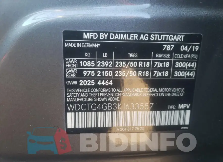 WDCTG4GB3KJ633557 Photo# 12