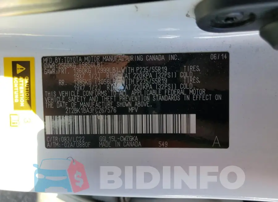 2T2BK1BA3FC267576 Photo# 13