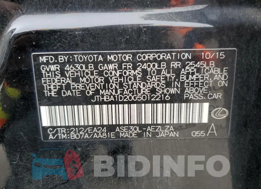 JTHBA1D20G5012216 Photo# 13