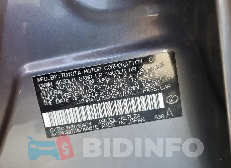 JTHBA1D25G5001874 Photo# 13