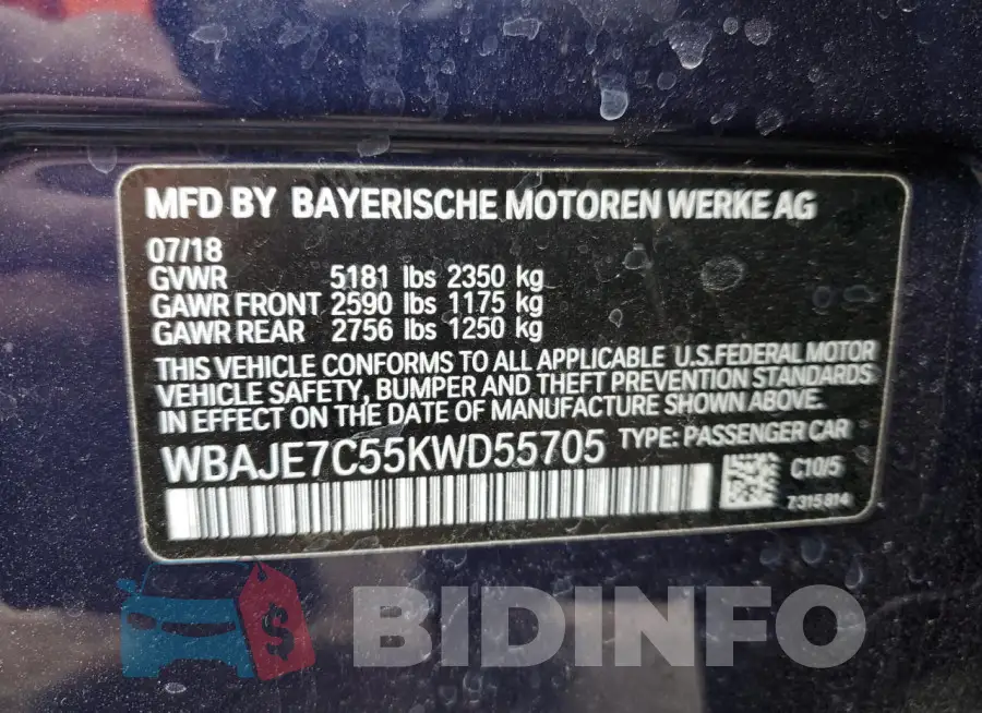 WBAJE7C55KWD55705 Photo# 12