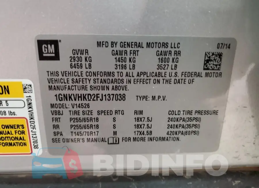 1GNKVHKD2FJ137038 Photo# 12