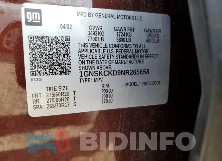 1GNSKCKD9NR265658 Photo# 13