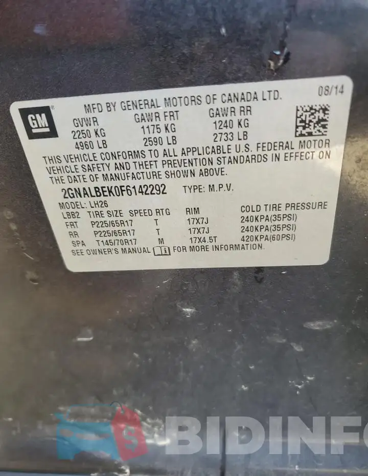 2GNALBEK0F6142292 Photo# 14