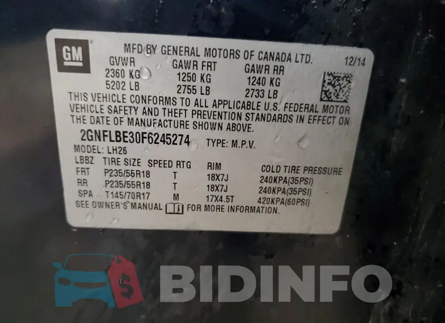 2GNFLBE30F6245274 Photo# 12