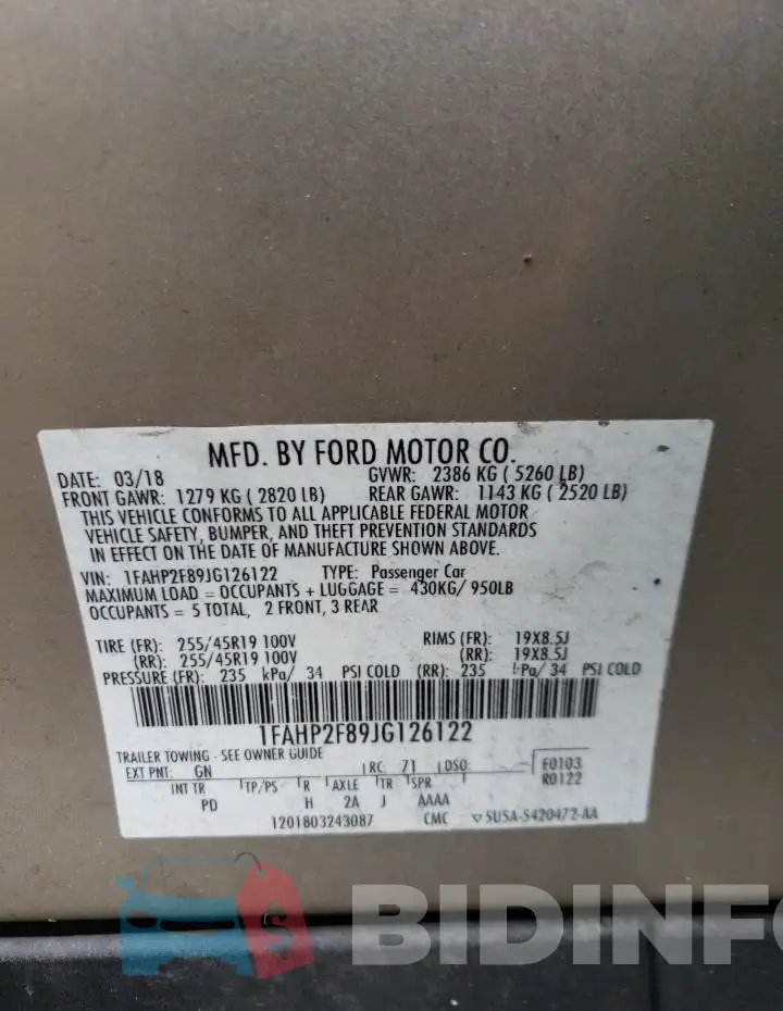 1FAHP2F89JG126122 Photo# 12