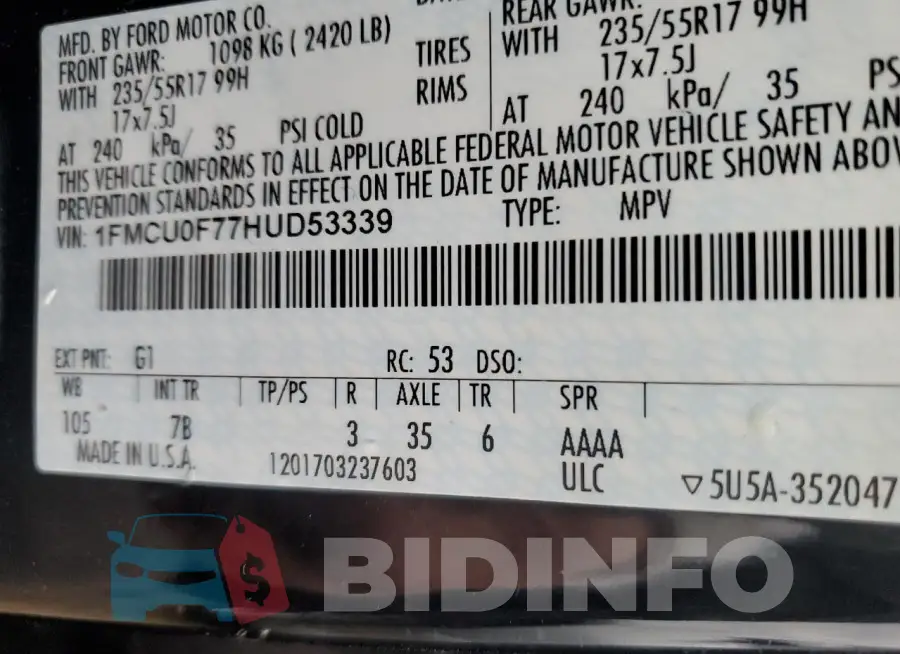 1FMCU0F77HUD53339 Photo# 13