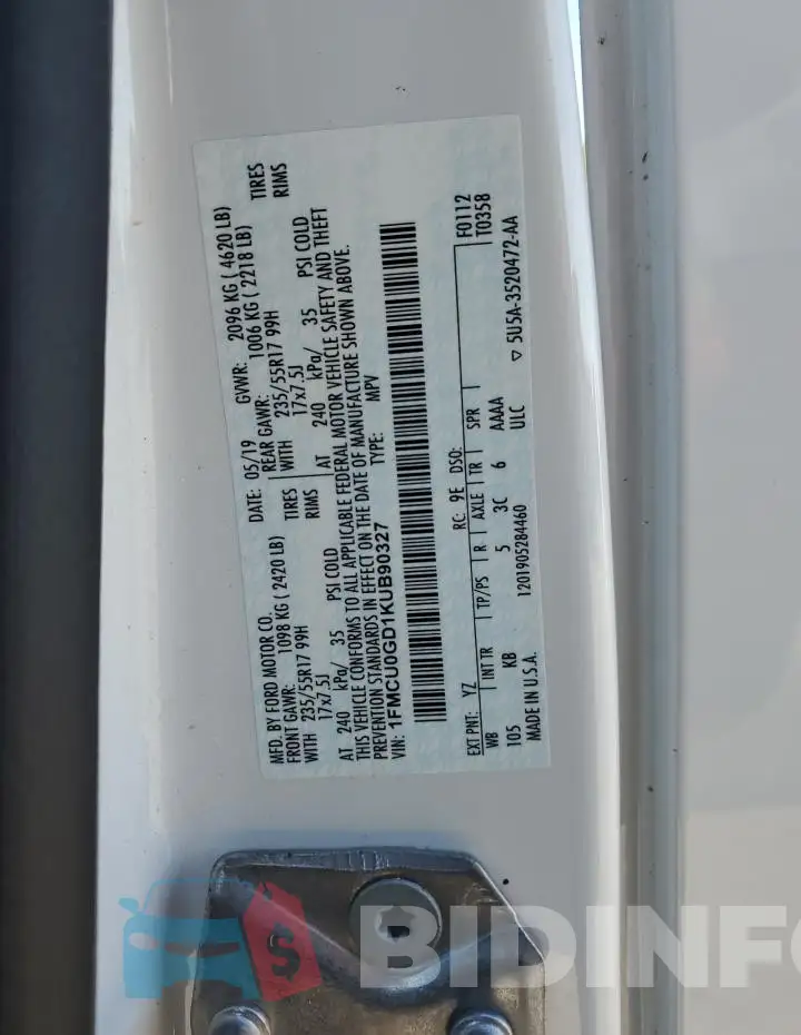 1FMCU0GD1KUB90327 Photo# 13