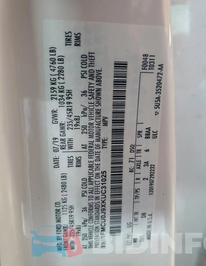 1FMCU0J9XKUC31025 Photo# 12
