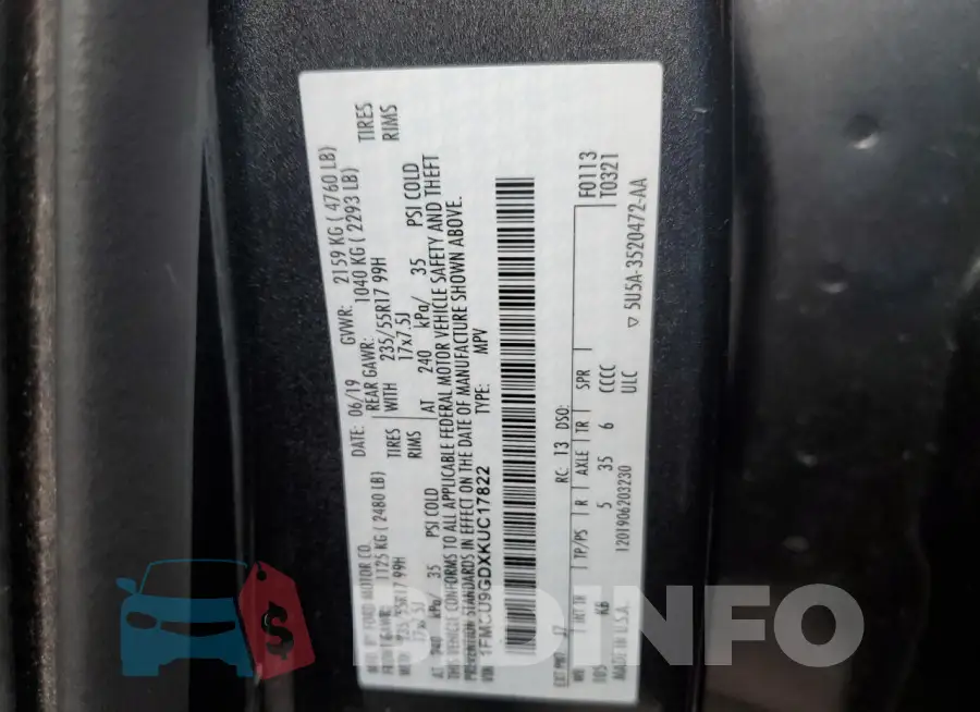 1FMCU9GDXKUC17822 Photo# 13