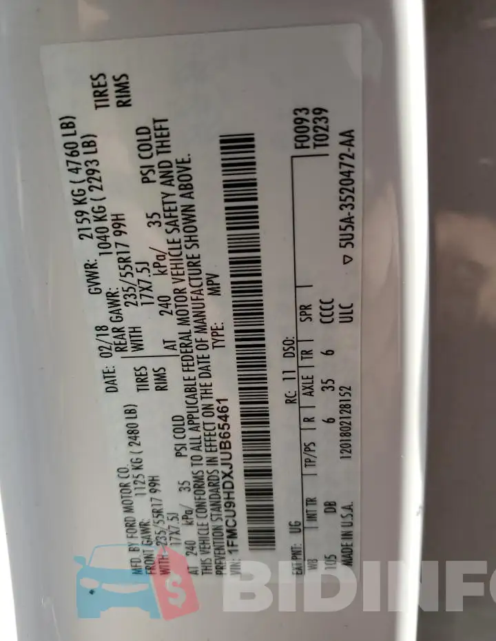 1FMCU9HDXJUB65461 Photo# 12
