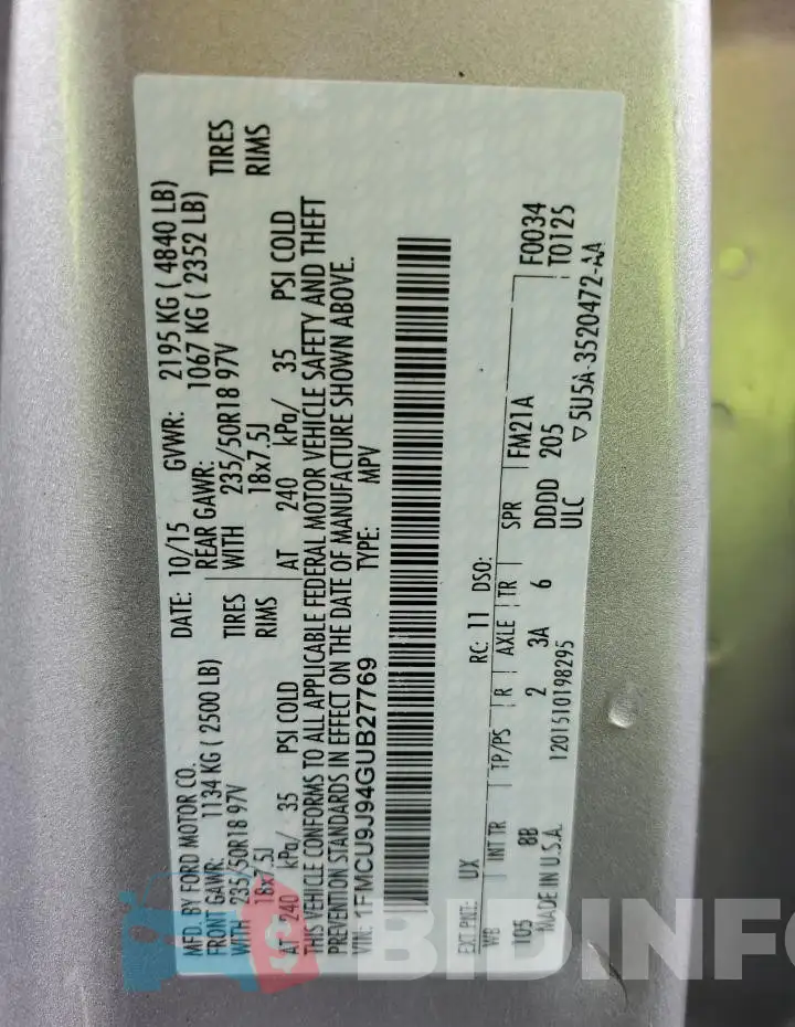 1FMCU9J94GUB27769 Photo# 12