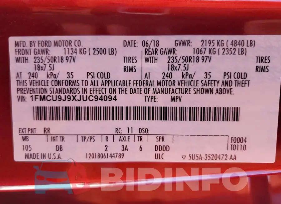 1FMCU9J9XJUC94094 Photo# 13