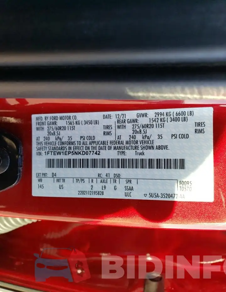 1FTEW1EP5NKD07742 Photo# 12