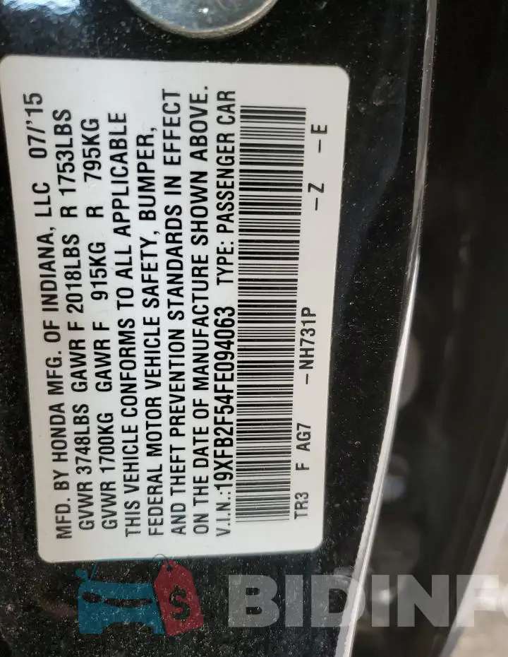 19XFB2F54FE094063 Photo# 12