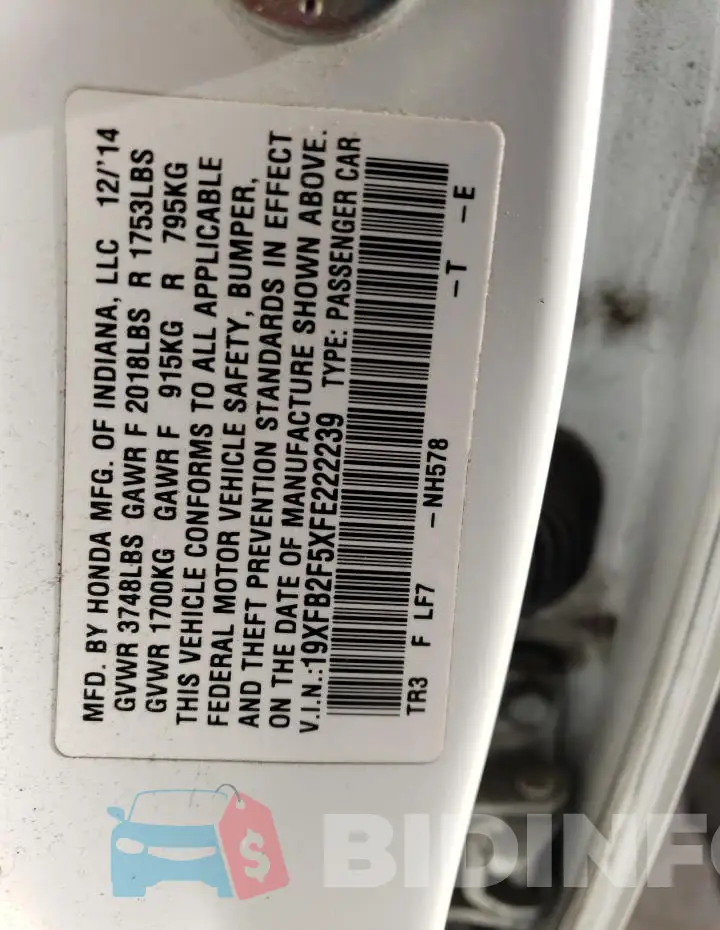 19XFB2F5XFE222239 Photo# 12