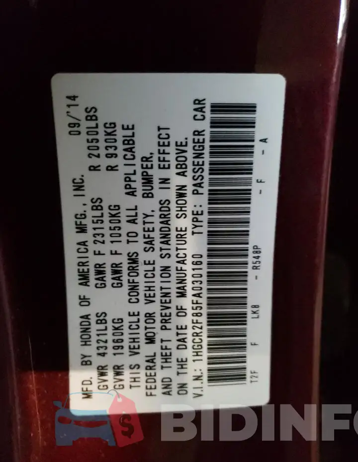 1HGCR2F85FA030160 Photo# 12