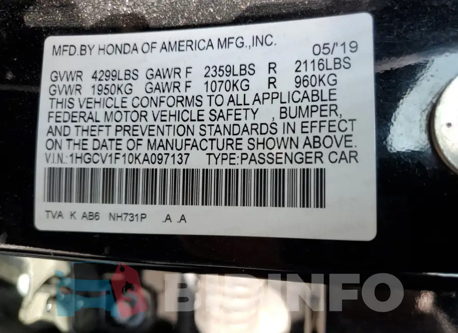 1HGCV1F10KA097137 Photo# 12