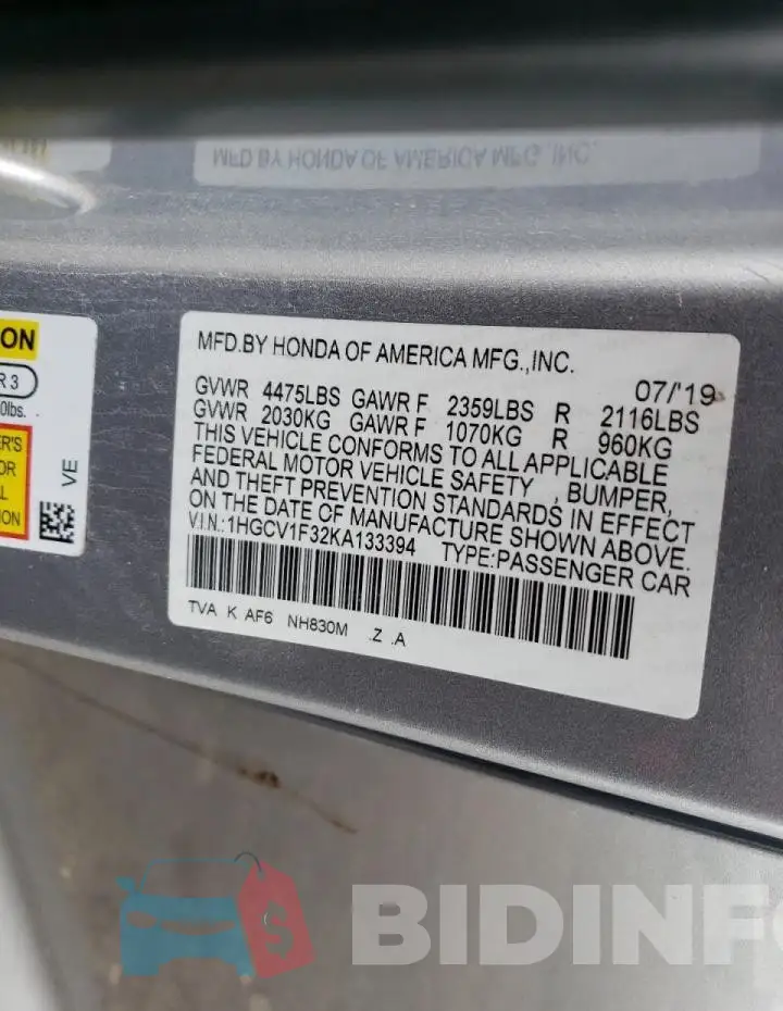 1HGCV1F32KA133394 Photo# 12