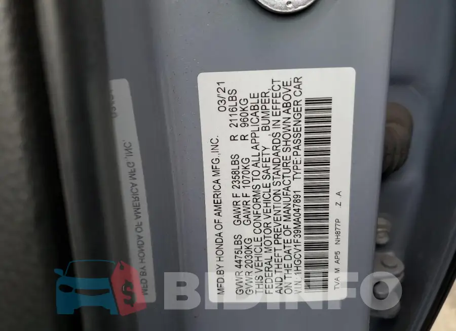 1HGCV1F39MA047891 Photo# 12
