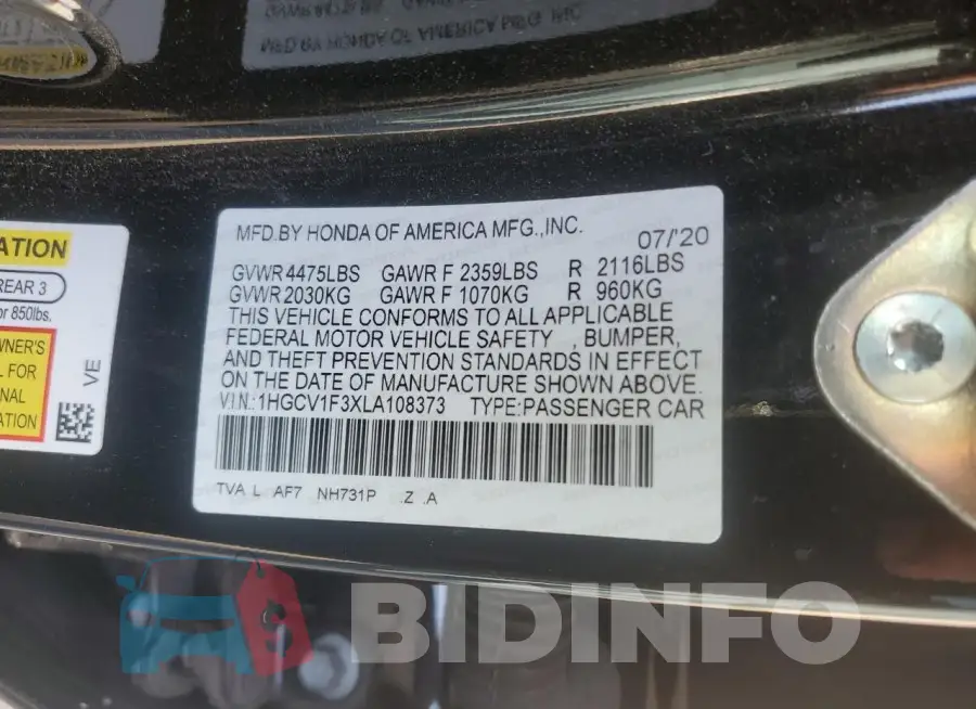 1HGCV1F3XLA108373 Photo# 12