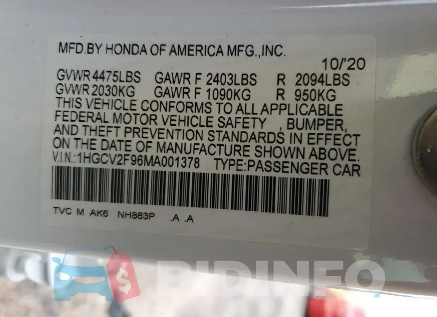 1HGCV2F96MA001378 Photo# 13