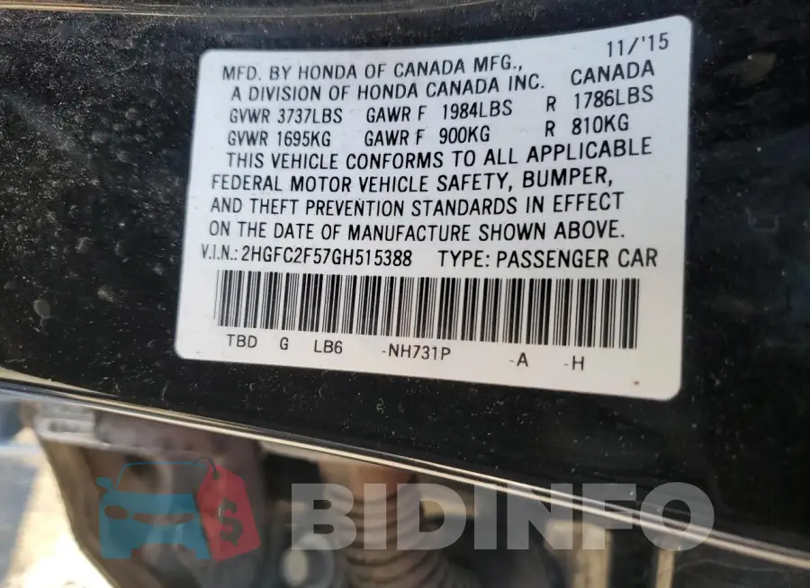 2HGFC2F57GH515388 Photo# 12