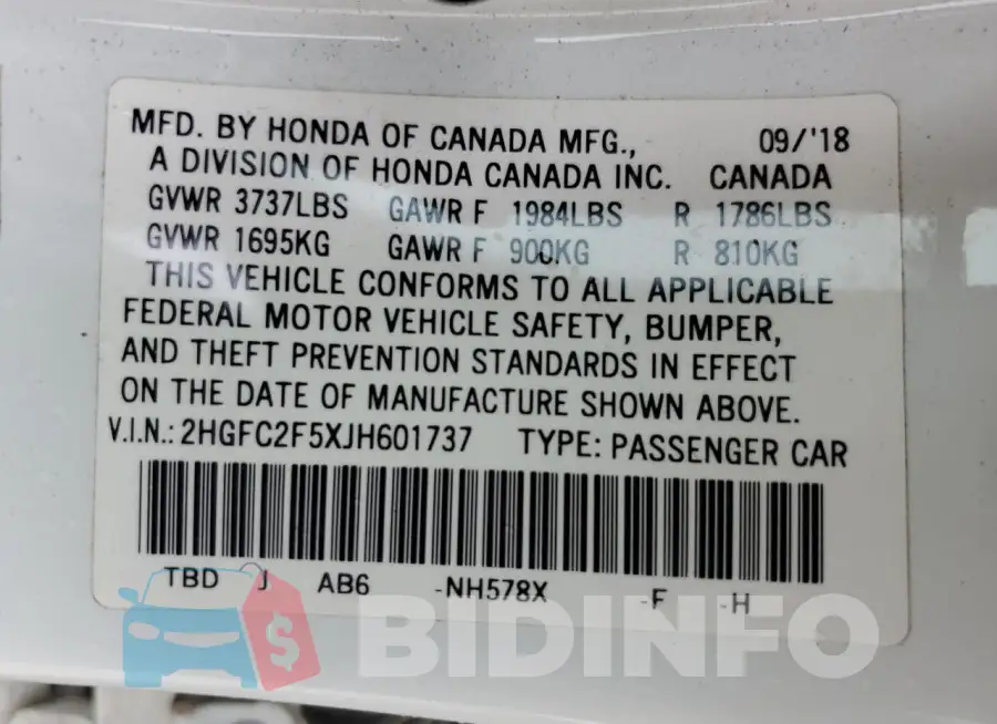 2HGFC2F5XJH601737 Photo# 12